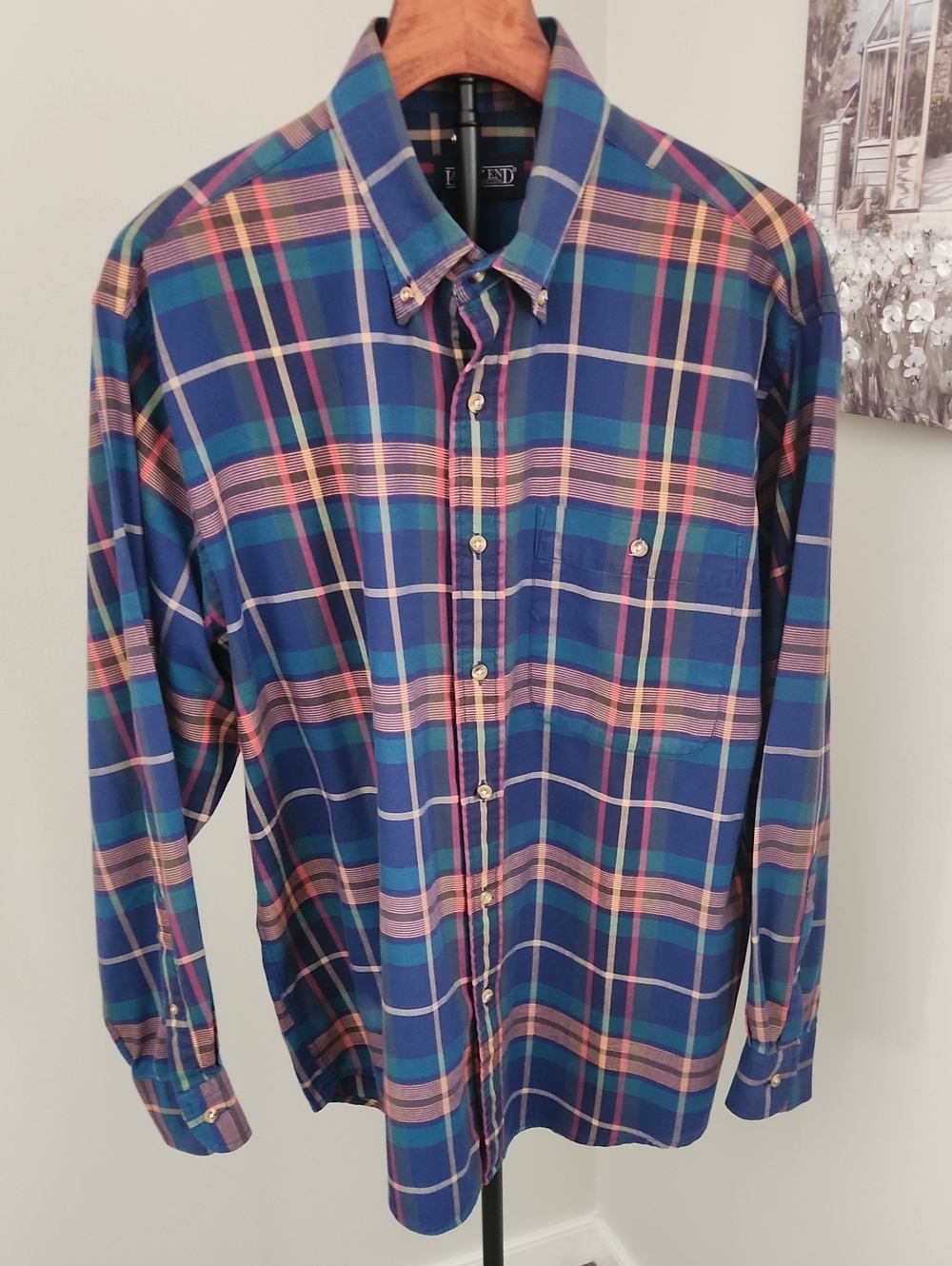 Lands' End Men's Plaid Button-Down Shirt with Button Down Collar Size Large